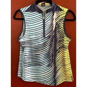 Jamie Sadock Women's Blue Yellow Stretch Sleeveless Shirt Size Small Striped Zip